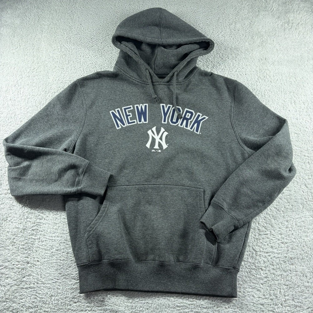 New York Yankees NYY Hoodie Mens Small Gray Blue Majestic Pull Over